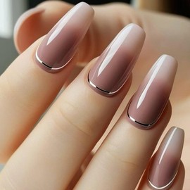 French Press on Nails Medium Square Fake Nails with Designs Sliver Lines Glue on Nails Nude Brown Acrylic Nails Gradient False Nails Glossy Artificial Nails Full Cover Stick on Nails for Women