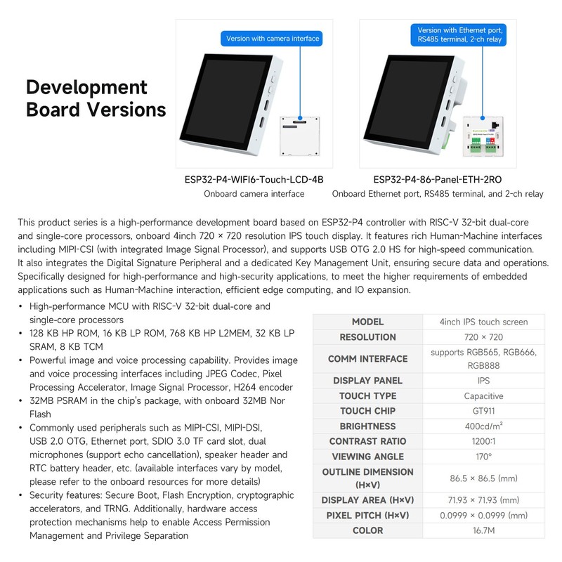 Waveshare ESP32-P4-WIFI6-Touch-LCD-4B (Support External Camera), ESP32-P4 Smart 86 Box, Dual-Core