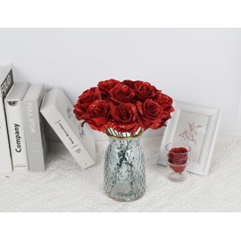 Glitter Roses,30PCS Fake Red Roses Glitter Flowers Bouquet Artificial Roses with Stems for DIY Crafts Wedding Bouquet Party Home Decor(Red)