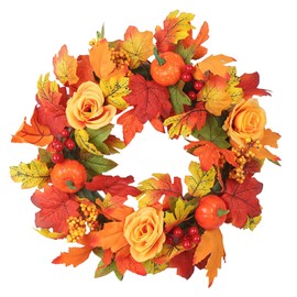 Autumn Wreath for Front Door, 17.5 in Fall Wreath with Pumpkin Thanksgiving Decorations, Maple Leaf Autumn Harvest Decor