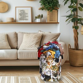 Watercolor Cats Printed Laundry Basket Oxford Cloth Animal Cat Laundry Hamper With Handle Foldable Portable Clothes Storage Basket Funny Laundry Bag 18.9"x16.5" For Laundry Room/Bedroom/Bathrooms