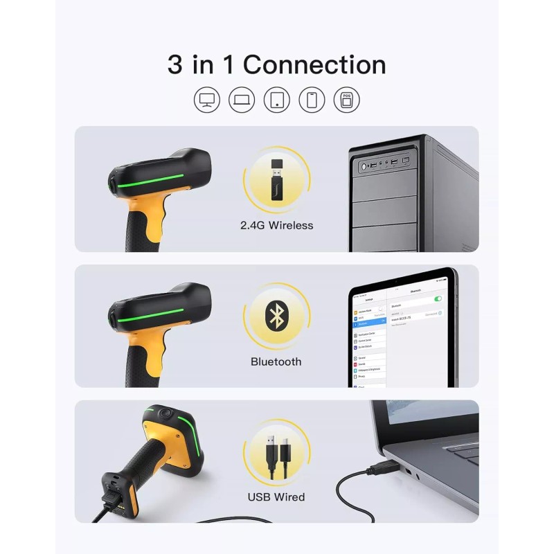 Inateck 1D 2D Industrial Barcode Scanner Bluetooth Wireless IP67 QR