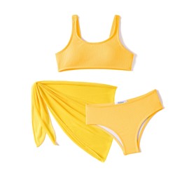 Arshiner Girls Bikini Set 3-Piece Summer Kids Swimsuits Beach Swimming Costumes Surfer Tankini with Skirt Bathing Swimwear Suit for Girls 6-7 Years Yellow