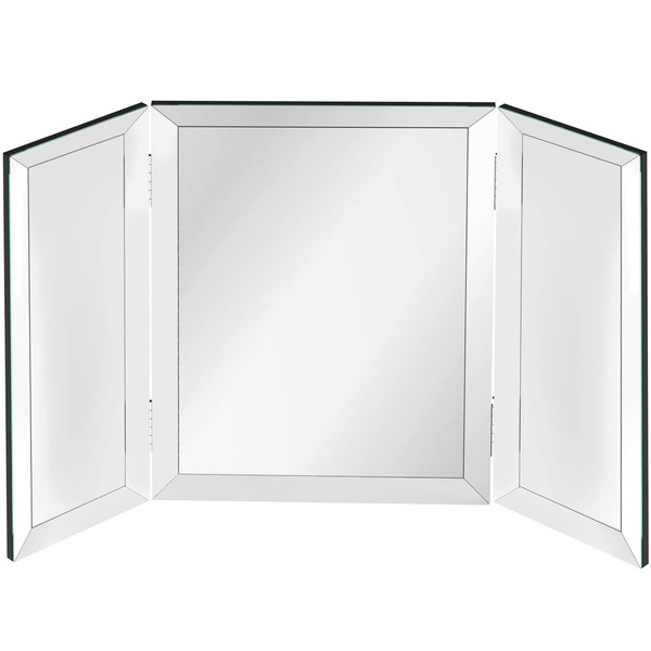 Hamilton Hills 40x40 inch Silver Trifold Mirror | Full Length Framed Beveled Edges 3 Way Mirror Hangable on Wall | Folding Tall Makeup Mirror with Hinges | Table Top, Dressing & Bathroom Vanity Mirror