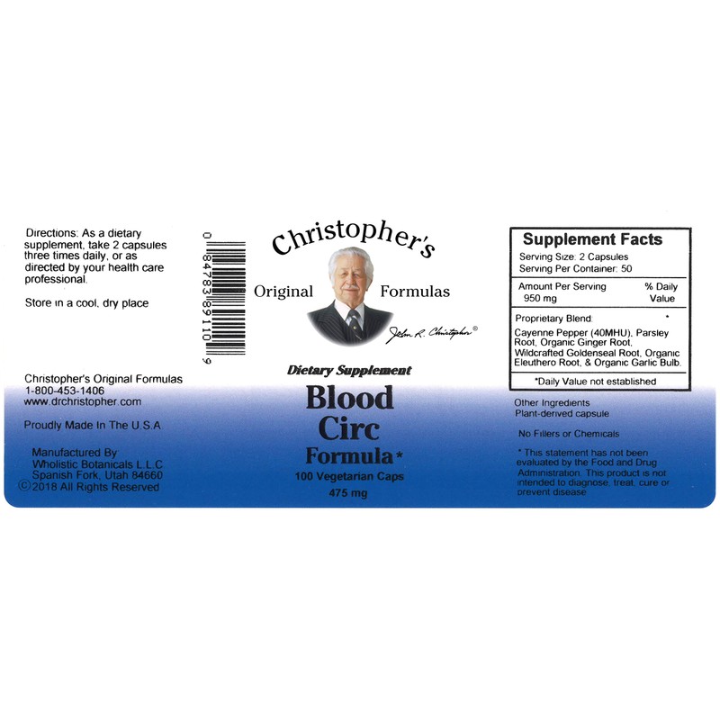 Dr. Christopher's Original Formulas Blood Circulation Formula Capsules, 475mg, 100