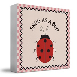 JUIOEIU Ladybug Decor, Snug as a Bug Pink Checkered Wooden Box Sign, Ladybugs Live for Garden Ladybird Insert Wood Block Box for Girl Nursery Room Bedroom Playroom Desk Shelf Tabletop Decor, 5x5 Inch FY-mh-534