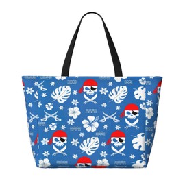 THE PIRATE KING Pirate Skull Beach Tote Pool Bag for Women Waterproof and Sand-proof Large Capacity Palm and Flower with Zippers for Travel Vacation Gym