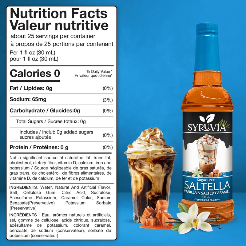 Syruvia Sugar Free SALTELLA Coffee Syrup Vanilla Salted Caramel -