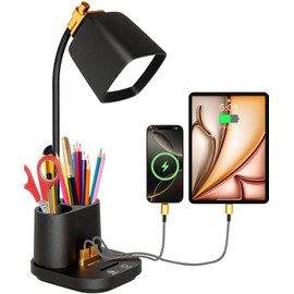 Desk Lamp with 2 USB Charging Ports, Desk Lamp for College Dorm Room Essentials for Girls,USB Charger Small Table Lamps with Pen Holder for Home Office,12 LED Light Modes Eye Caring for Kids,Guys,Nail