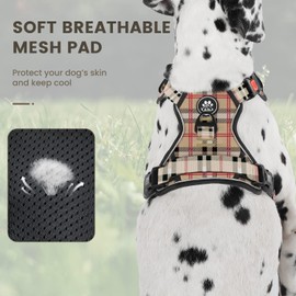 FURRYFECTION Plaid Dog Harness for Medium Dogs | No Pull Reflective Pet Harness | No Choke Adjustable Dog Vest Harnesses | with Leash | Easy Control Handle | Front Lead | Seat Belt | Beige&White | M