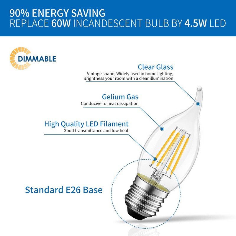 ANWIO Flame Tip LED Filament Bulb Candelabra E26 Base, Dimmable