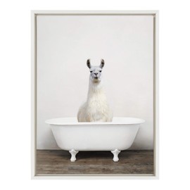 Kate and Laurel Sylvie Alpaca in The Tub Color Framed Canvas Wall Art by Amy Peterson, 18x24 White, Whimsical Animal Art for Wall