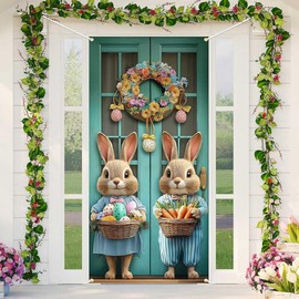 Lofaris Easter Bunny Door Cover – 72.8x35.4 Inch Spring Decoration with Floral Wreath and Bunny Design – Perfect for Front Porch Home Entry or Party Backdrop Easter Holiday Decoration Supplies