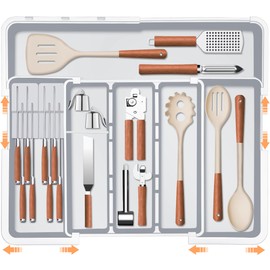 Large Utensil Drawer Organizer for Kitchen, Expandable Silverware Drawer Organizer Cooking Tray, Cutlery and Flatware Utensil Holder Kitchen Spatula Tools Storage with 3 Dividers, Grey