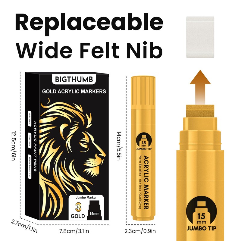 BIGTHUMB 3 Pcs Gold Jumbo Permanent Markers: 15mm Wide Tip