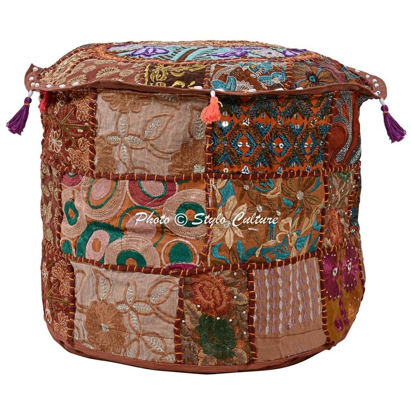 Stylo Culture Cotton Patchwork Embroidered Osmanische Cover Brown Floral Ottoman
