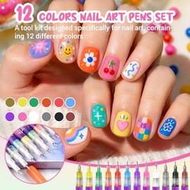 12 Color Nail Art Pens, 3D 0.5 MM Nail Polish Pens Set Dotting Tools Acrylic Paint Pens Drawing Painting Point Liner Pen, Waterproof and Quick-drying for DIY Nail Art Design Tools