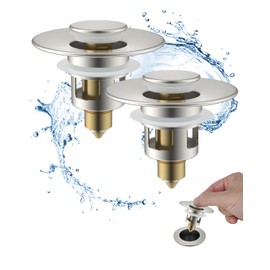 Hibbent 2 Pack All Metal Universal Bathroom Sink Stopper for 1.1''~2.3'' Basin, Pop Up Sink Drain Strainer, Brass Core Push Type Stopper, Stainless Steel Anti Clogging Drain Filter, Brushed Nickel