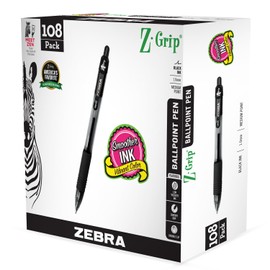 Zebra Pen Z-Grip Retractable Ballpoint Pens, Medium Point, 1.0mm, Black Ink, Soft Latex-Free Grip, Metal Pocket Clip, Plastic Barrel, 108 Pack, Ideal School Supplies & Office Supplies (22108)