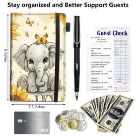 Server Book,Waitress Book,Waiter Book Server Organizer with Zipper Pocket,Leather Waitress & Waitstaff Book Wallet with Card Slot Guest Check Holder 9 x 5 Inch Server Book,Cute Elephant Sunflower -418