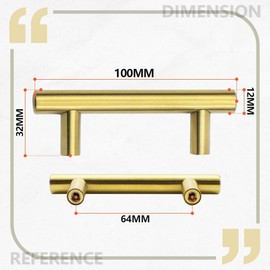 Bwintech 12 Pcs 100 mm (64 mm Hole Center) Gold Cabinet Pull Handles Kitchen T Bar Handles, Stainless Steel, Ideal for Cupboard, Drawer, Cupboard