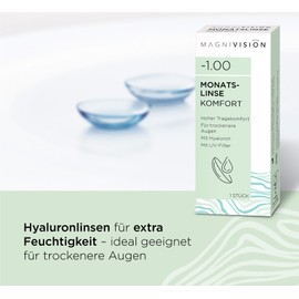 MAGNIVISION Monatslinse Komfort, weiche Kontaktlinsen für -3,00 dpt., Kontaktlinse mit Hyaluron und UV-Filter für empfindliche Augen, ohne Konservierungsstoffe