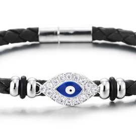 COOLSTEELANDBEYOND Womens Rhinestones Evil Eye Leather Bracelet, Black Braided Leather, Protection Amulet Boho Fashion