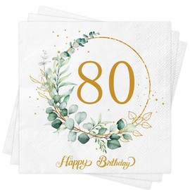 Xunerloy 40Pcs 80th Birthday Napkins Sage Green Gold, 70th Birthday Serviettes Eucalyptus Napkins for Women Men Her He Anniversary Decoration