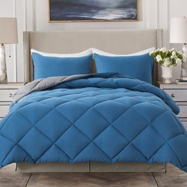 Decroom Lightweight Queen Comforter Set with 2 Pillow Sham - 3 Pieces Set - Quilted Down Alternative Comforter/Duvet Insert for All Season - Grayish Blue/Grey - Queen Size