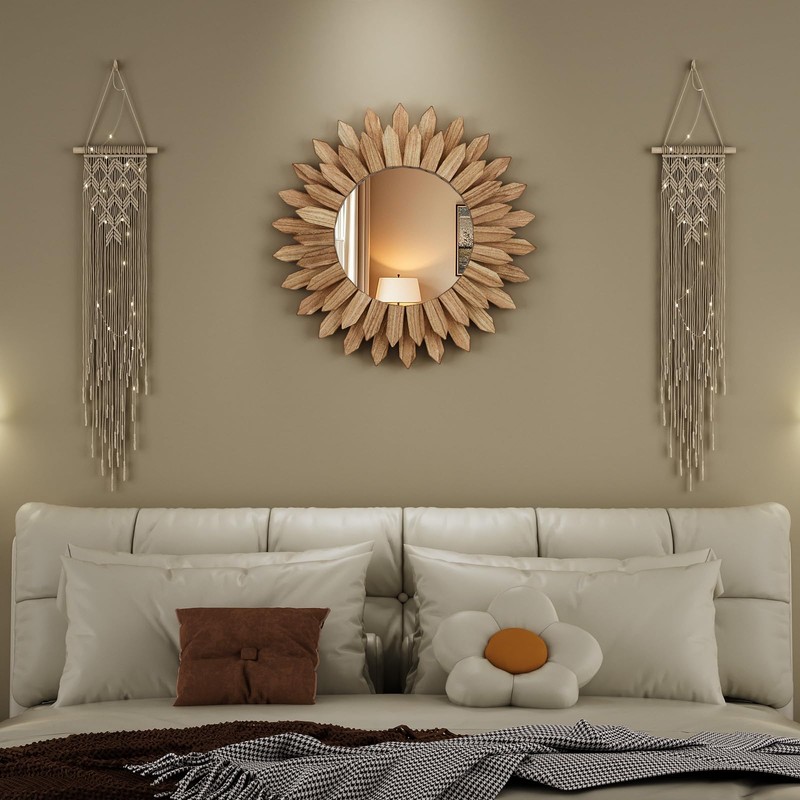 VETROVUE 20 Inch Brown Boho Wall Decor Sunburst Mirror -
