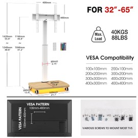 AOKCOS AOKCOS Rolling TV Stand with LED Lights, LED TV Stand on Wheels for 32 to 55 65 inch TVs, Portable Mobile TV Cart with 12Tilt Mount for Living Room Bedroom, White