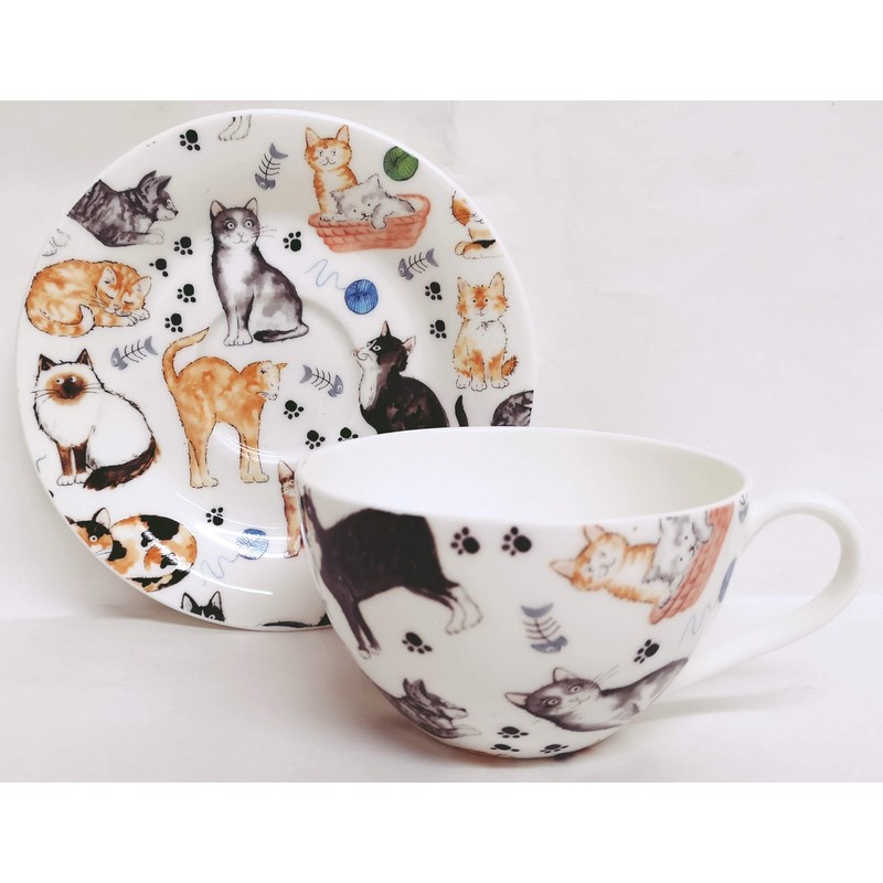 Cats Breakfast Cup & Saucer Set Fine Bone China Cute