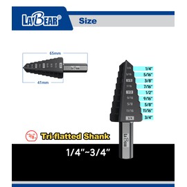 LABEAR 1/4 to 3/4 Inch HSS Step Drill Bit for Metal, Plastic, Wood, Aluminum, Heavy Duty Unibit with Multi Hole Sizes, 3/8 Tri-Flatted Shank, M2 High Speed Steel