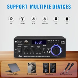 WOOPKER AK45 Pro Amplifier Home Audio Stereo Receivers with Bluetooth 5.0,Max 400W,2.0 Channel Stereo Amplifier System for Home Theater Speakers, Karaoke,Garage,Home Amp with USB,SD,RCA,2 MIC in