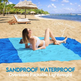 BYDOLL Manta de playa impermeable a prueba de arena de gran tamaño de 10 x 9 pies, para 1 a 8 adultos, manta de playa extragrande ligera de nailon suave para viajes, camping, senderismo, manta de playa