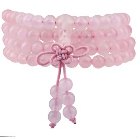 KYEYGWO 108 Prayer Mala Beads Wrap Wrist Bracelet for Women & Men, Tibetan Buddhist Meditation Stone Necklace for Unisex Elastic, Rose Quartz