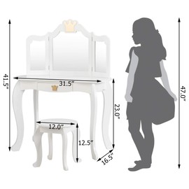 MAT EXPERT Kids Vanity Table & Stool, Princess Makeup Dresser w/Removable Tri-Folding Crown Mirror, 2 in 1 Wooden Kids Girl Vanity w/Drawer, Princess Pretend Play Makeup Dresser Gift (White)