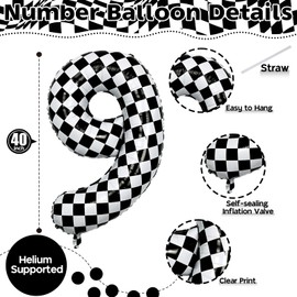 40 Inch Number 9 Balloons for Boys, Checkered Big 9th Birthday Balloons Decor, Helium Black and White Self Checkered Inflating Foil 9 Racing Balloons for Boys Race Car Flag Party Decoration Supplies