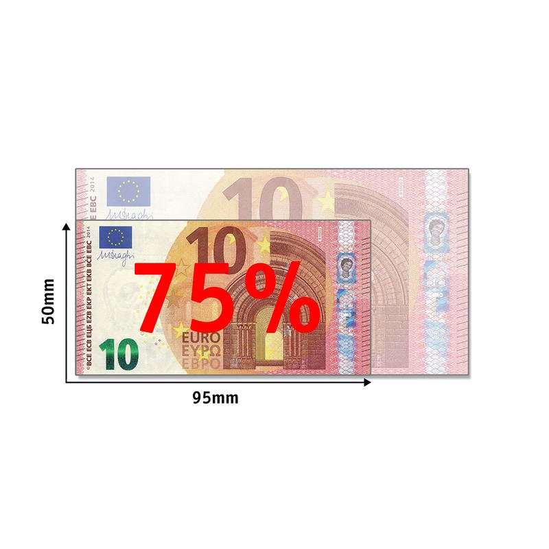 Cashbricks, 100 x €10 toy banknotes, reduced size to 75%.
