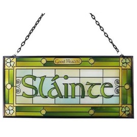 Royal Tara Slainte Stained Glass Window Hang SuncatcherWall Hanging Irish Plaque Cheers Rectangle Handcrafted Shamrock Decor Housewarming Gift (3.7"x8")
