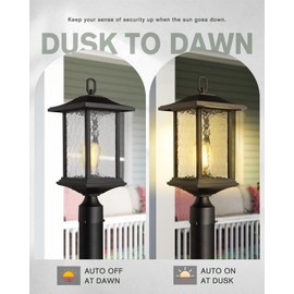 Beionxii Dusk to Dawn Outdoor Post Lights, 21inch Large Exterior Lamp Post Light Pier Mount Lantern with Base, Black Cast Aluminum w/Water Glass - A272P-1PK (NOT Solar, 110-120V AC)