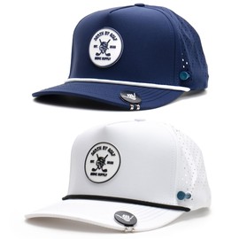 BRIMZ - Gorro de golf de rendimiento transpirable, resistente al sudor y al agua, con soporte para playera y marcador magnético de bola (Death by Golf - Azul marino y blanco, paquete de 2), Negro &