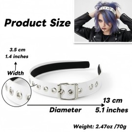 WEIMU White Faux Leather Belt-Style Headband with Metal Hoops – Punk Gothic Hair Accessory for Women, Perfect for Cosplay, Parties, Events, and Alternative Fashion Outfits