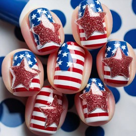 Independence Day Press on Nails Short Square Fake Nails with Designs American Flag Glue on Nails Stars Glitter Acrylic Nails Reusable Artificial Nails Full Cover Stick on Fingernails for Women