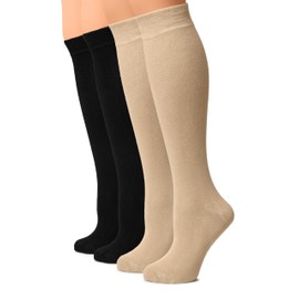 HUGH UGOLI Women Cotton Knee High Socks, Long Dress School Uniform Socks for Girls, Soft & Lightweight Boot Socks, Shoe Size: 8-11, Light Beige/Black, 4 Pairs
