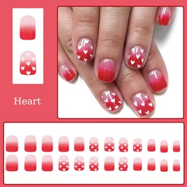 24Pcs Valentines Heart Press on Nails Square Short Fake Nails Red White Gradient Stick on Nails French False Nails Cute Heart Nails Designs Reusable Acrylic Artificial Nails for Women