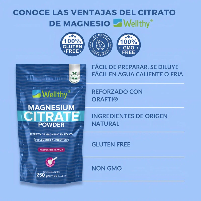 Citrato De Magnesio En Polvo Sabor Raspberry 250gr Wellthy