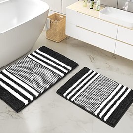 Bathroom Rugs Set 2 Piece, Extra Soft and Absorbent Fluffy Striped Chenille Bath Mat Rug Set, Non Slip Bathroom Floor Mat, Machine Washable (20" x 32" Plus 16" x 24", Black)