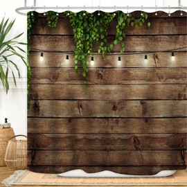 ZXMBF Rustic Wooden Board Shower Curtain Green Leaves on Vintage Wood Country Life Theme Grunge Planks Barn House Door Waterproof Fabric Bathroom Decor 72x72 Inch Plastic Hooks 12PCS Wood Board