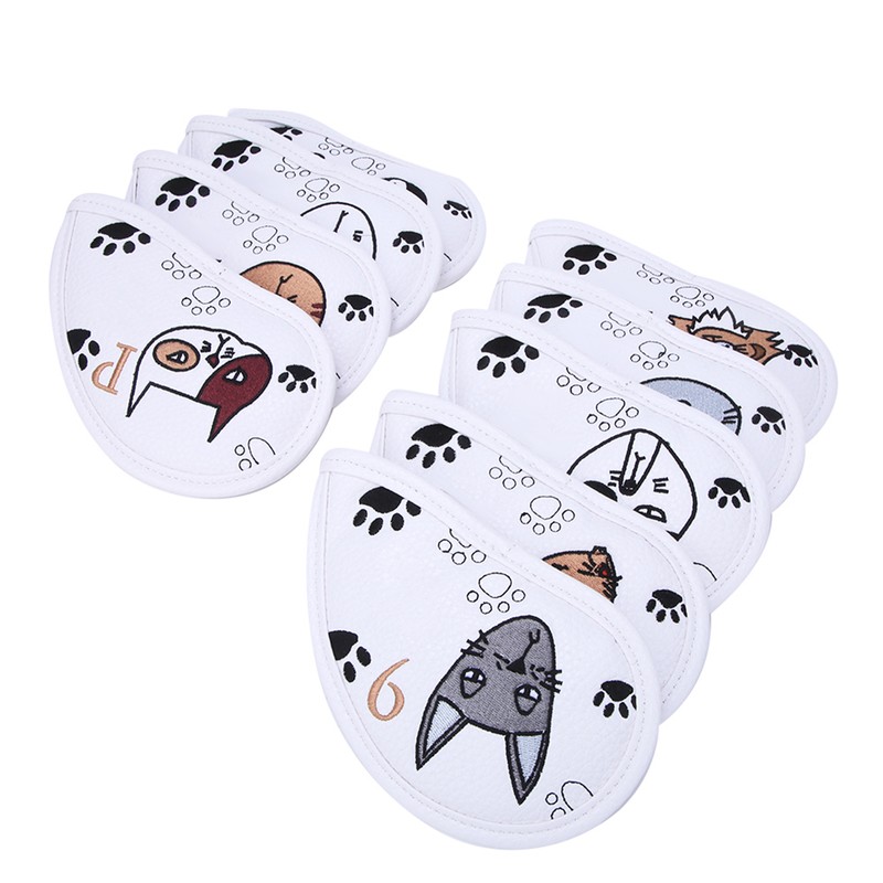 9PCS PU Leather Embroidery Waterproof Golf Putter Head Cover Iron